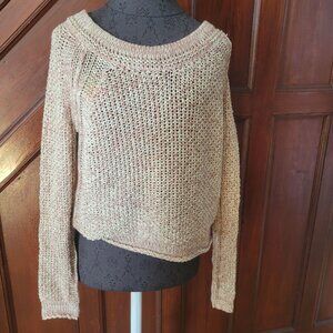 Free People XS Open-Knit Cropped Sweater Pink & Cream Cotton Blend Long Sleeve